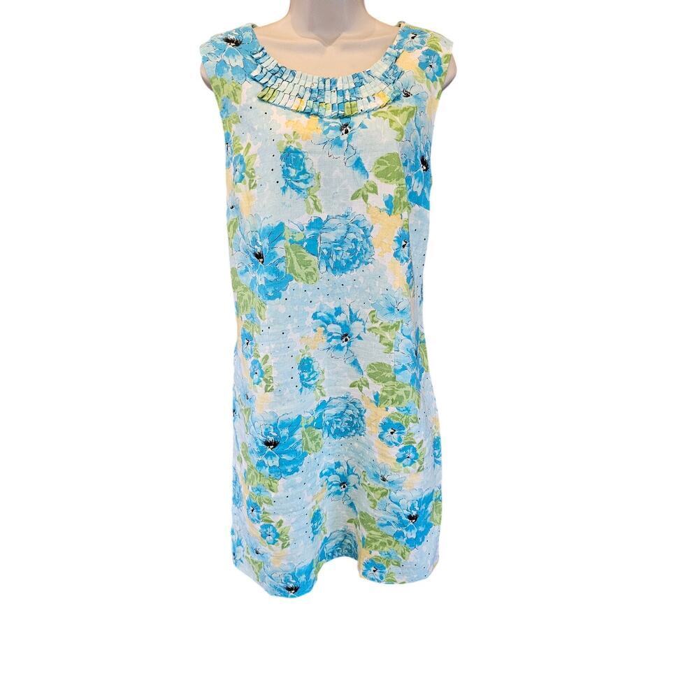 Kim rogers EUC blue floral lined shift dress sz 16 EUC 100% linen pleated collar